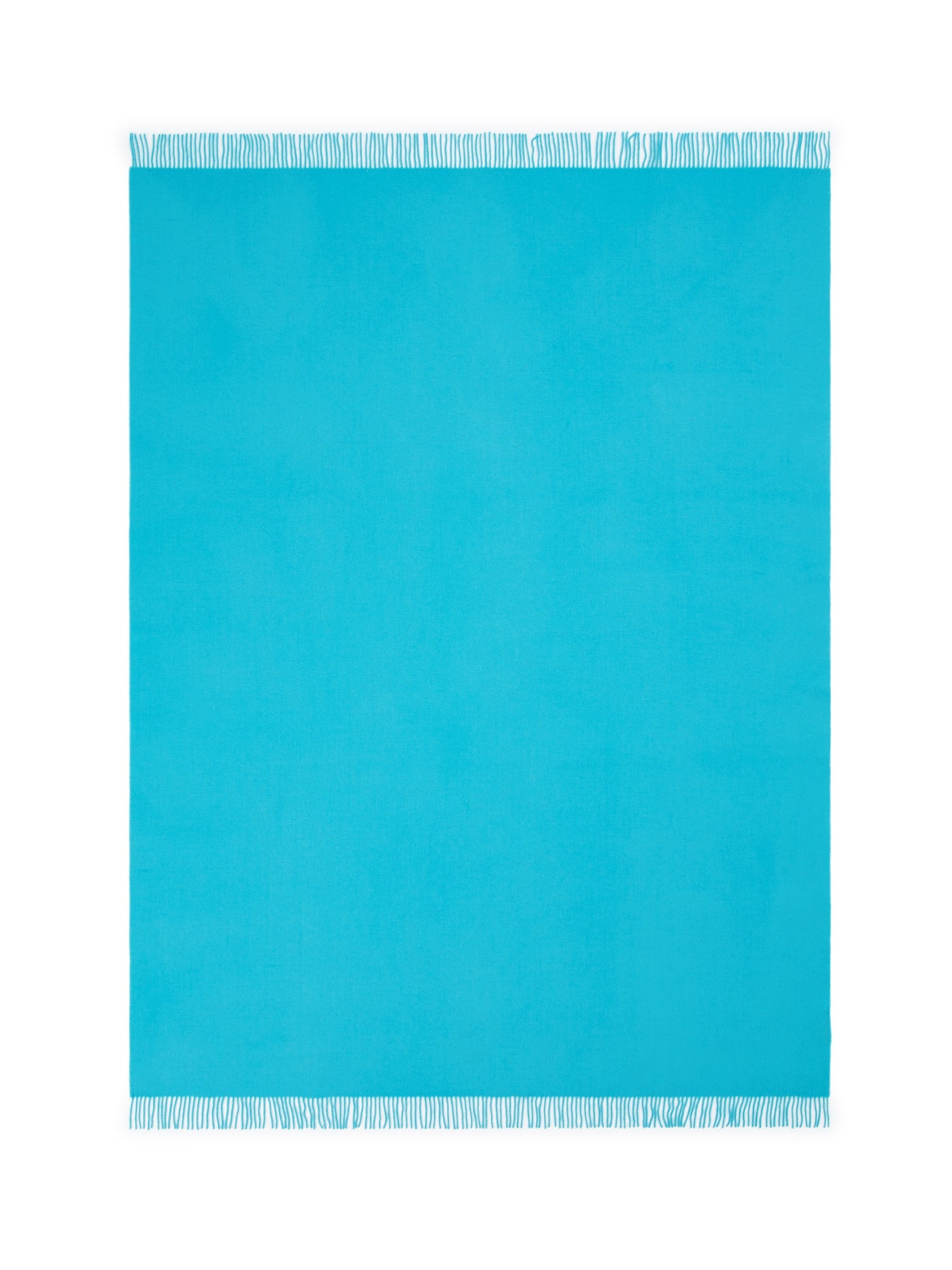 Lanerossi Uruguay throw in turquoise, flat lay showing fringe trim on top and bottom edges.