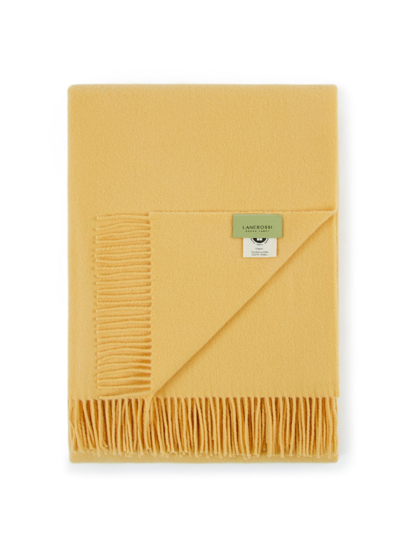Lanerossi Uruguay throw in golden yellow, folded flat showing fringe trim and woven label.