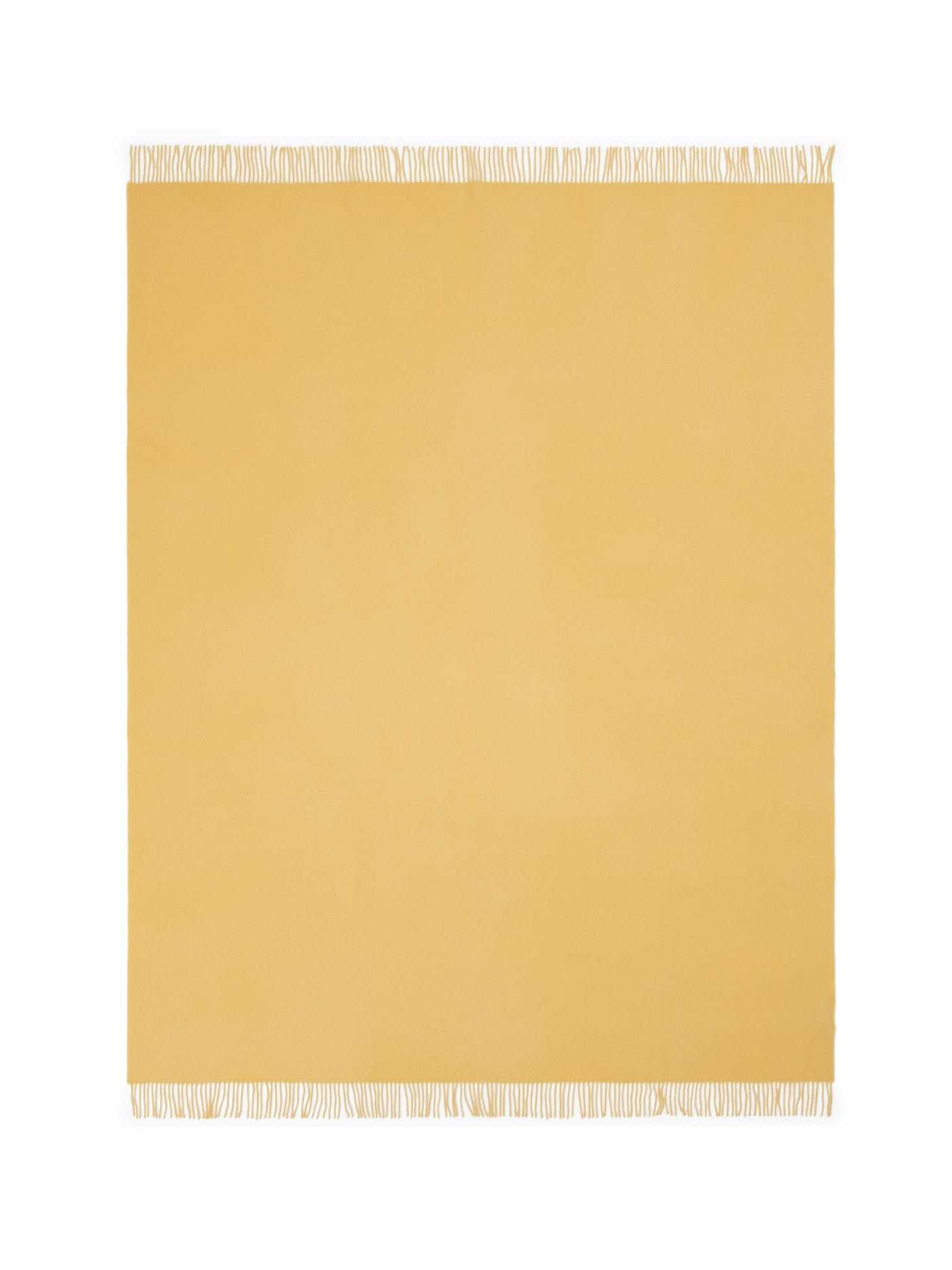 Lanerossi Uruguay throw in golden yellow with ivory fringe trim, flat lay view.