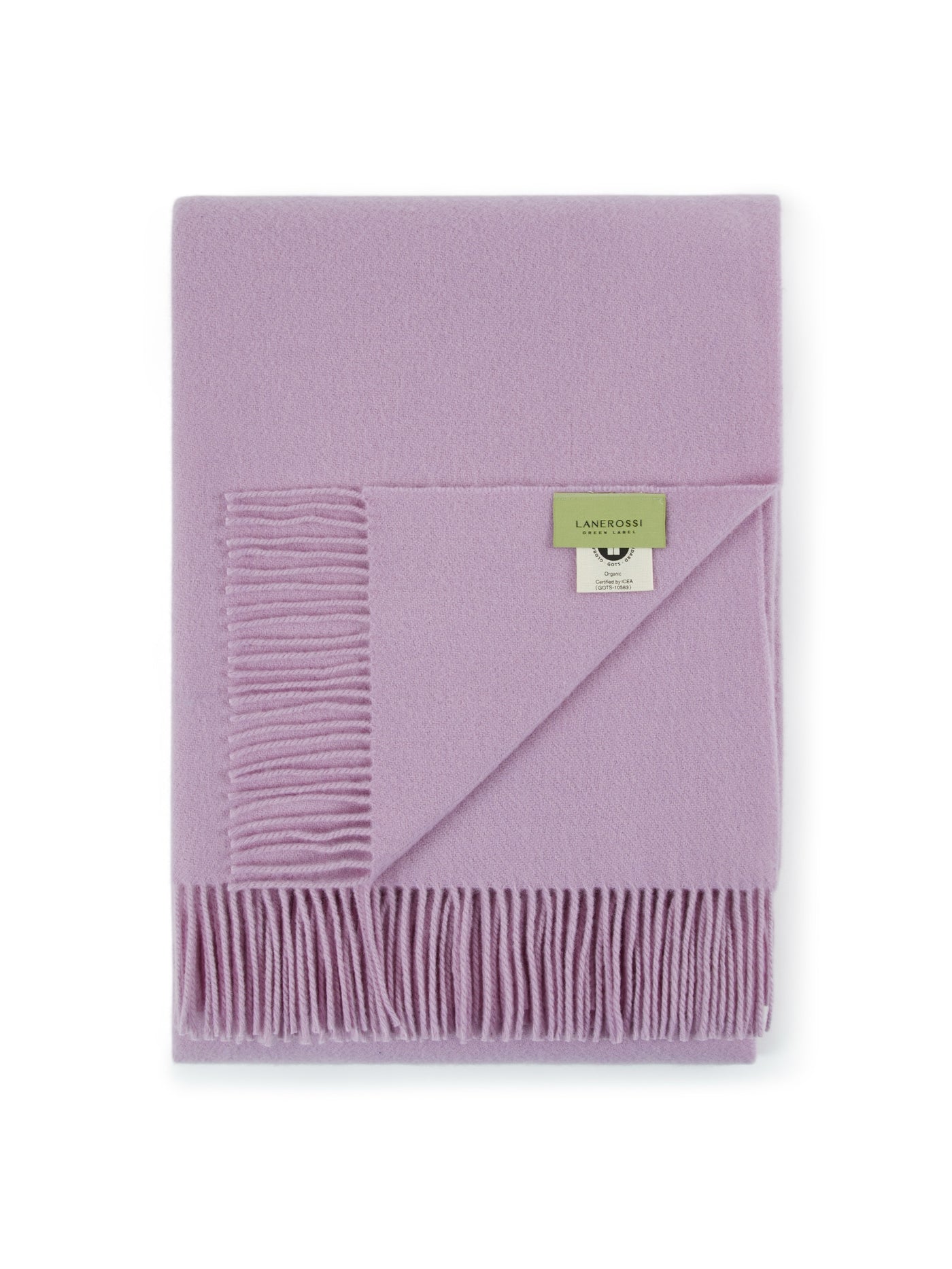 Lanerossi Uruguay throw in lilac, folded flat showing fringe trim and brand label.