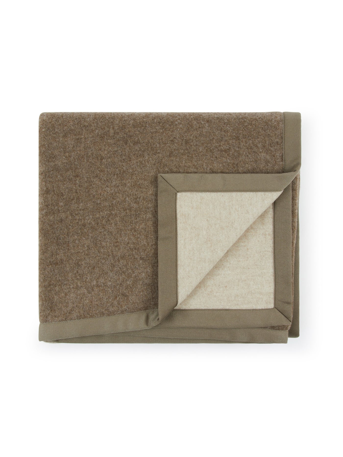 Lanerossi Uruguay blanket folded, showing taupe wool face and oatmeal reverse with olive satin trim.