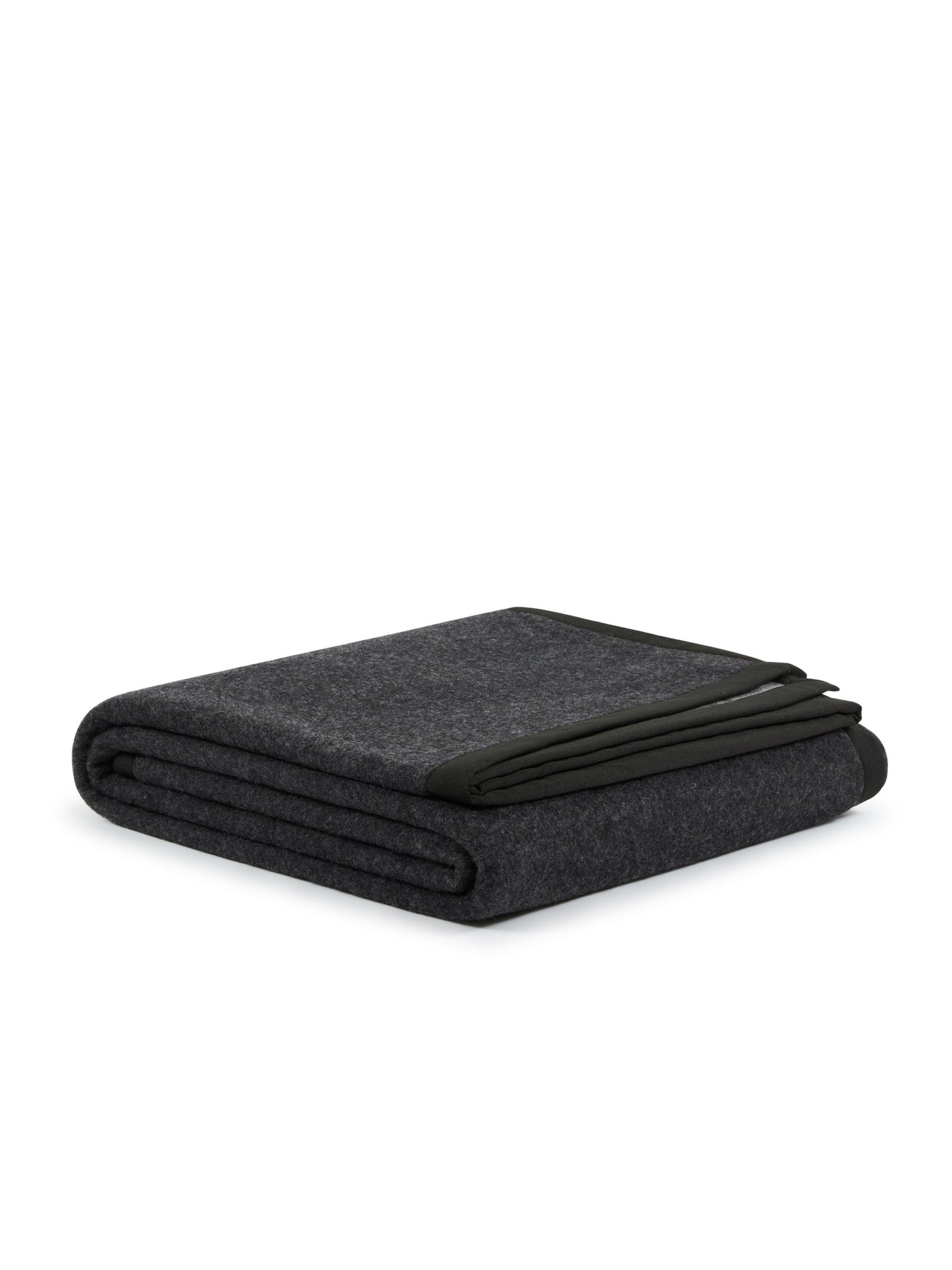 Lanerossi Uruguay blanket folded, charcoal wool with dark border trim detail.