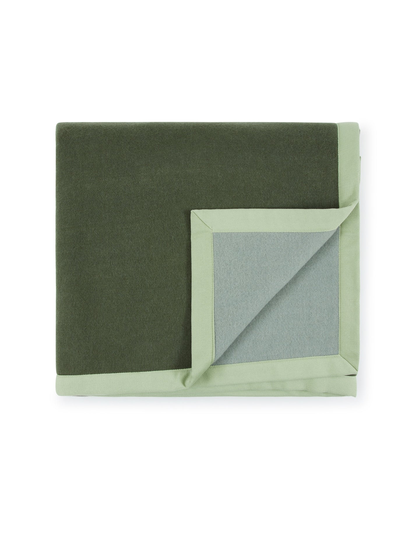 Folded olive and sage green wool blanket, corner turned to reveal grey reverse side.