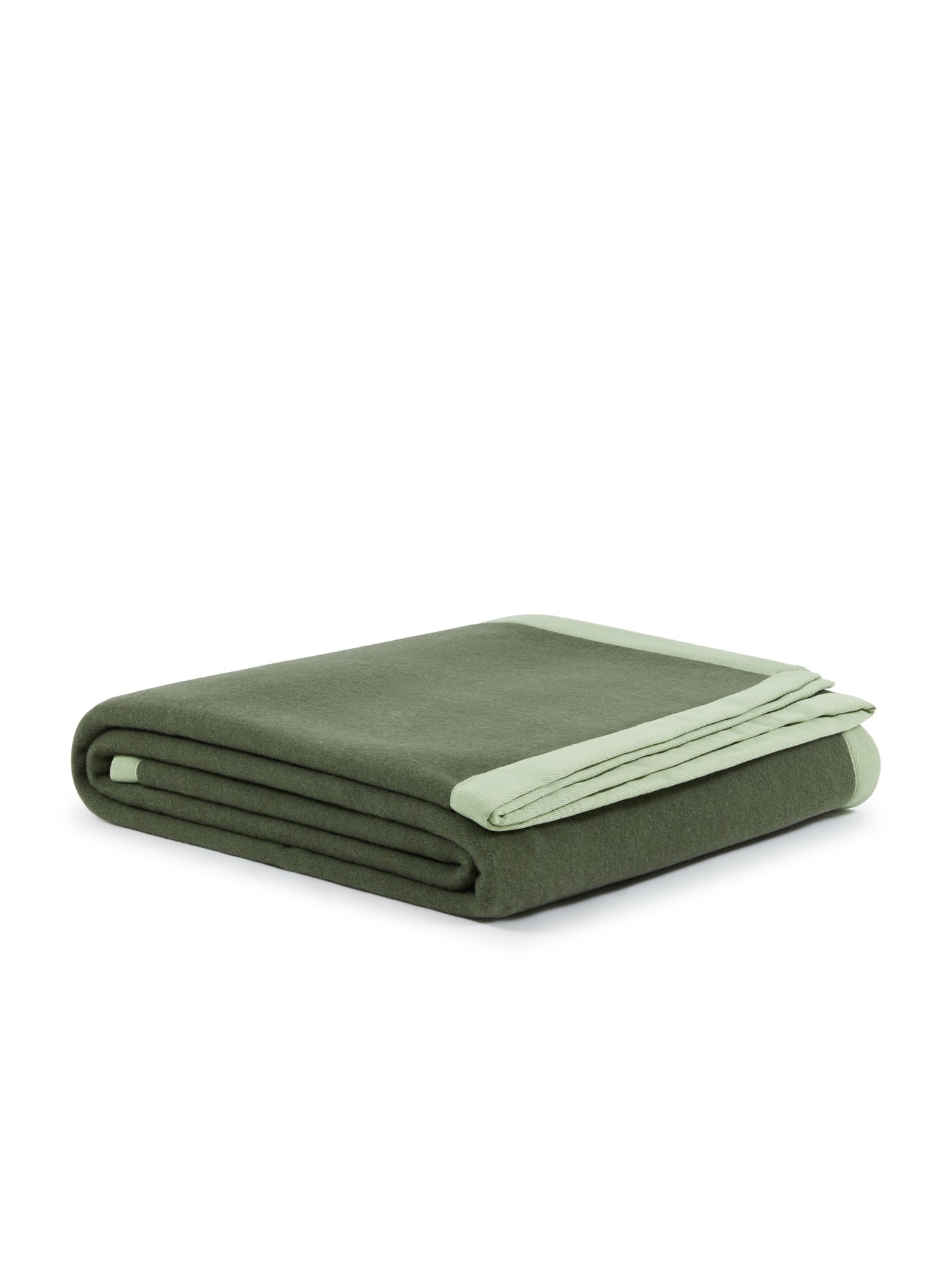 Lanerossi Uruguay blanket folded, olive green with sage border trim.