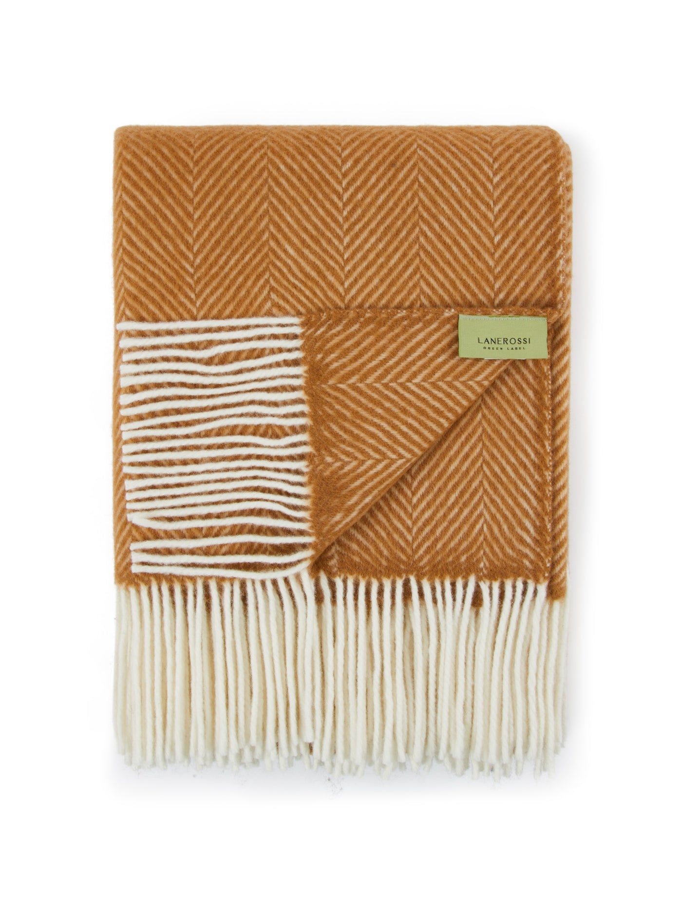 Lanerossi Uruguay throw folded flat, amber herringbone weave with ivory fringe detail.