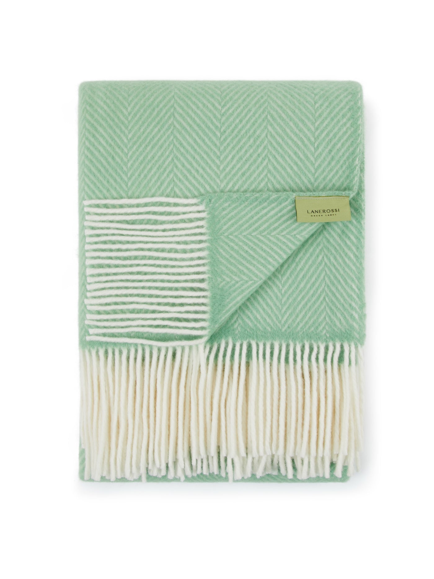 Lanerossi Uruguay throw folded, mint herringbone weave with ivory fringe and stripe border detail.
