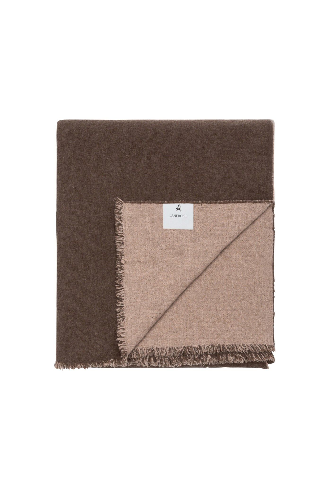 Lanerossi Venere blanket folded to show chocolate brown and blush reversible sides with fringe trim.
