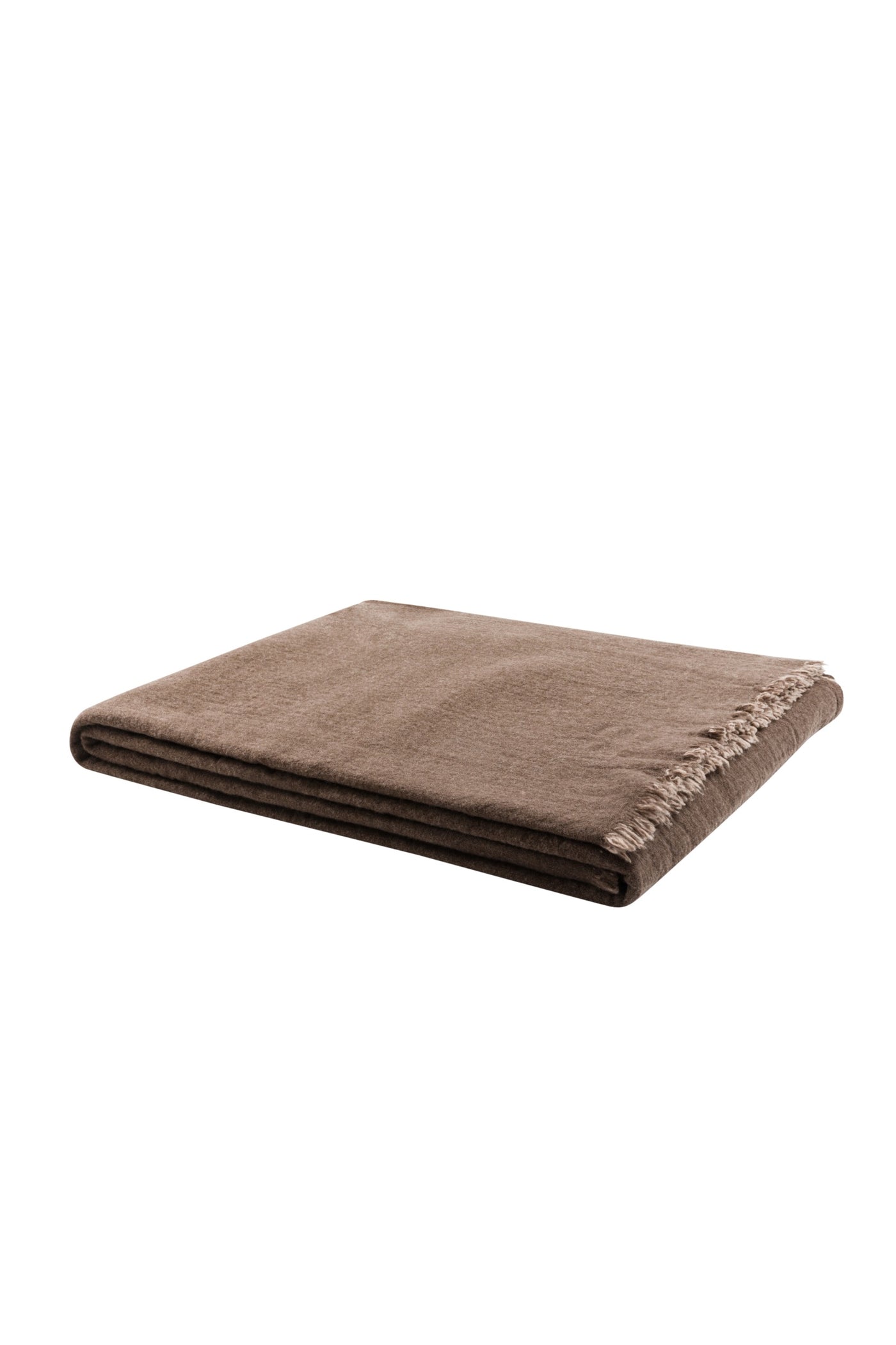 Folded mocha wool blanket with delicate fringe trim along one edge.