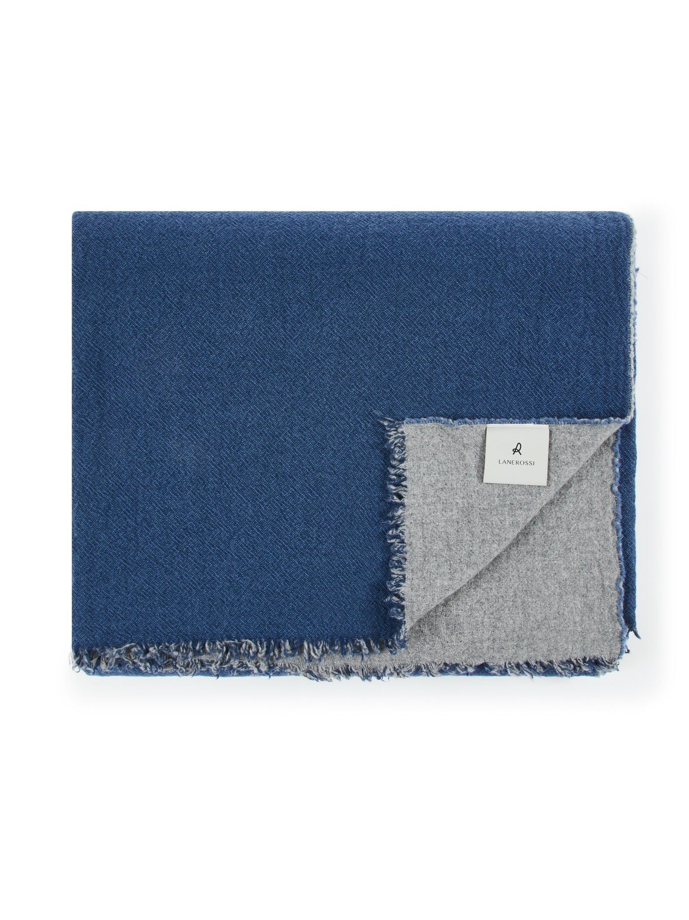 Folded Lanerossi Venere blanket corner turned to reveal grey reverse, navy blue with fringe trim.