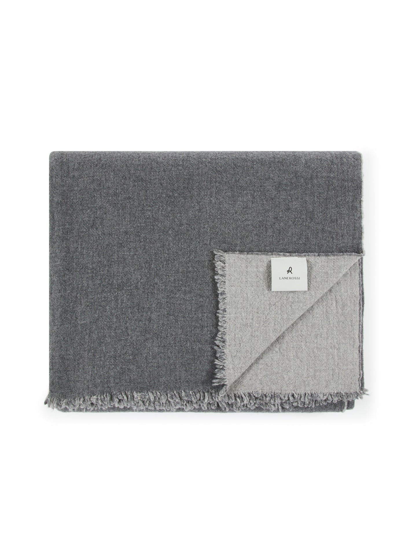 Lanerossi Venere blanket folded, showing charcoal face and light grey reverse with fringe trim.