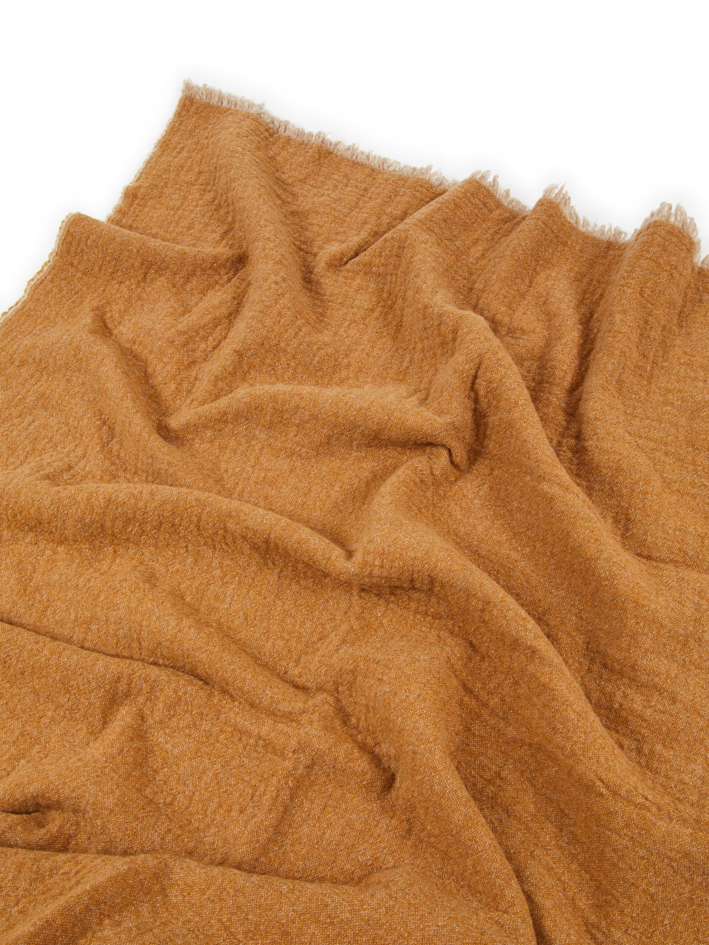 Close-up of Lanerossi Venere blanket in camel, showing fringed edge and textured weave.