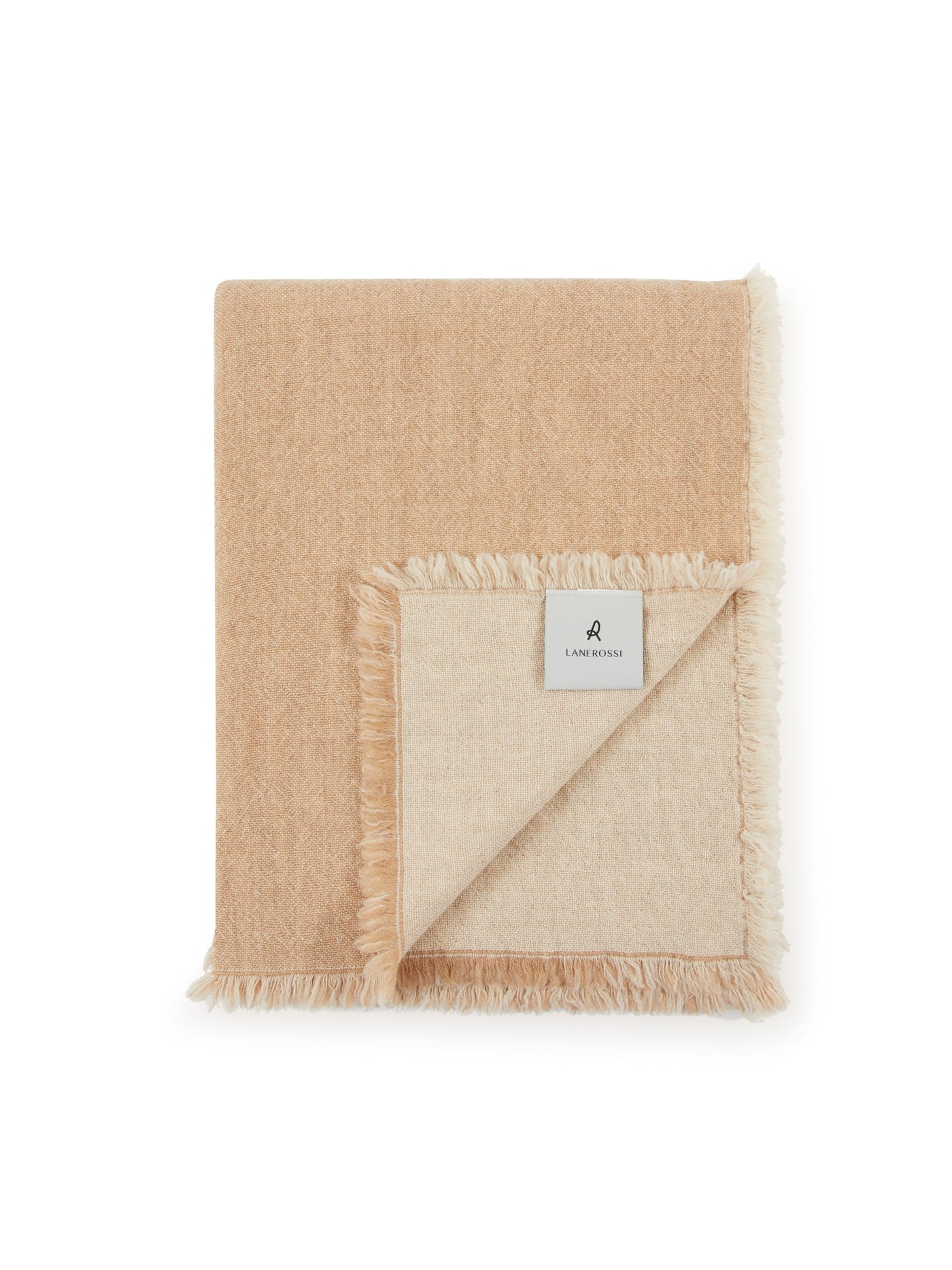 Lanerossi Zebio throw in camel and ivory herringbone weave with fringe trim.