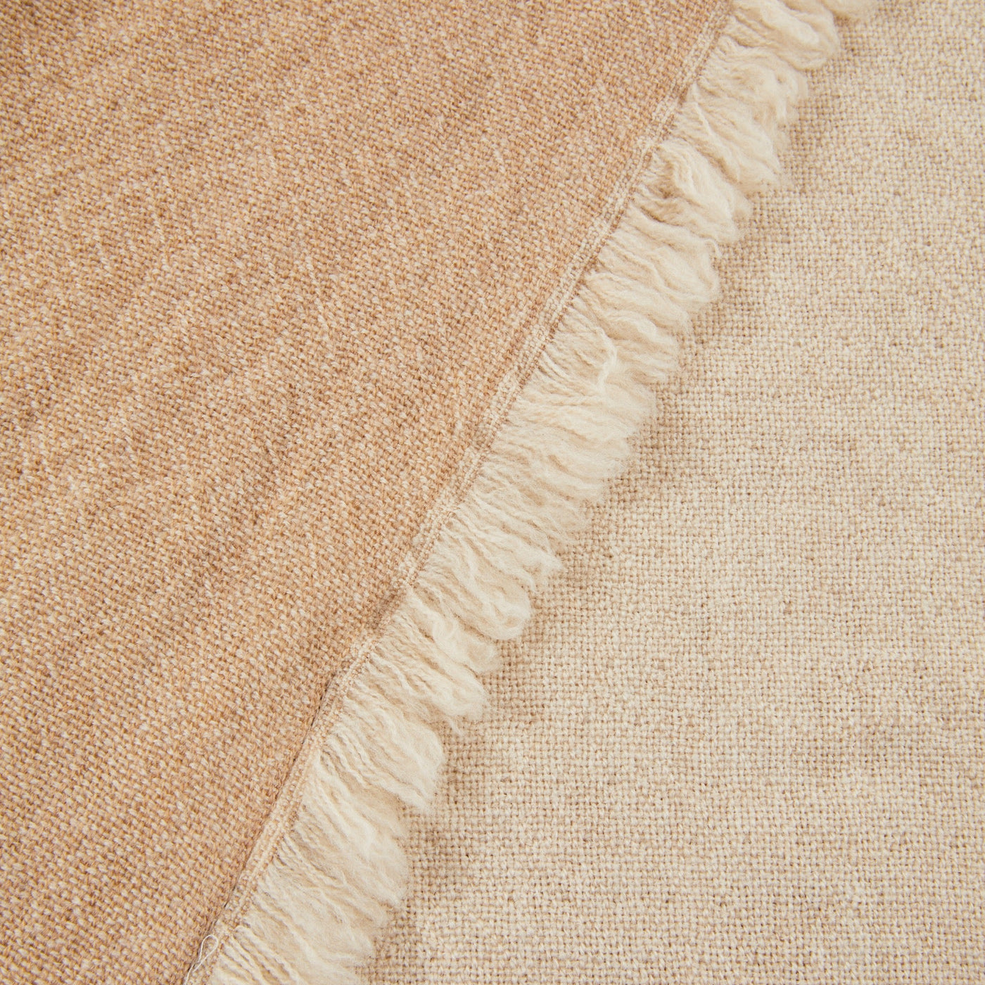Close-up of Lanerossi Zebio throw edge, camel and ivory fringe trim detail.