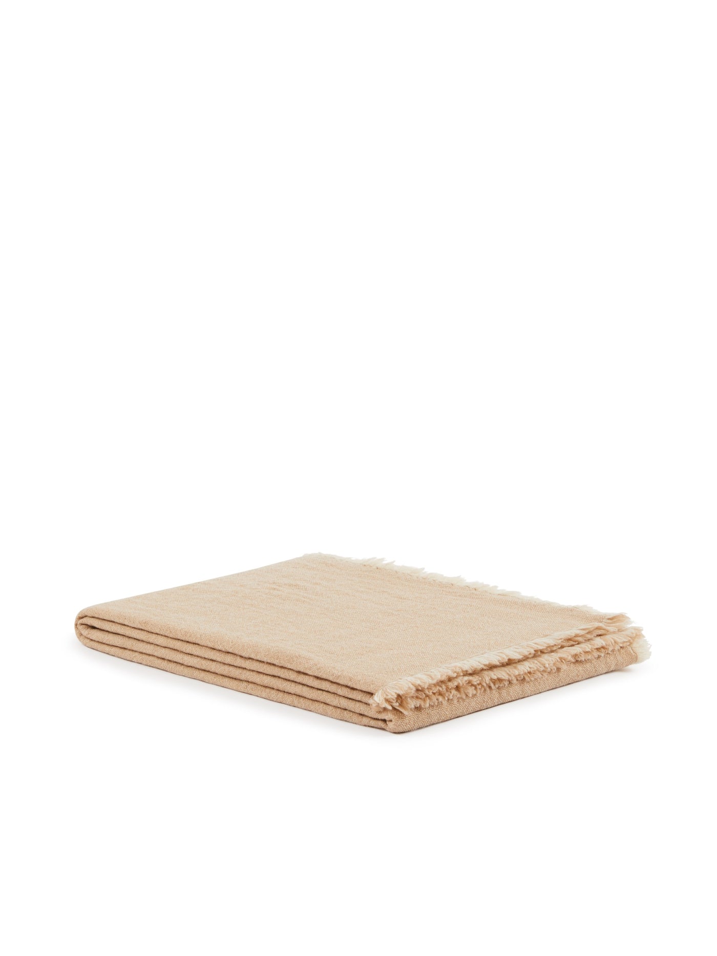 Lanerossi Zebio throw folded flat, sand linen-look fabric with frayed edge trim.