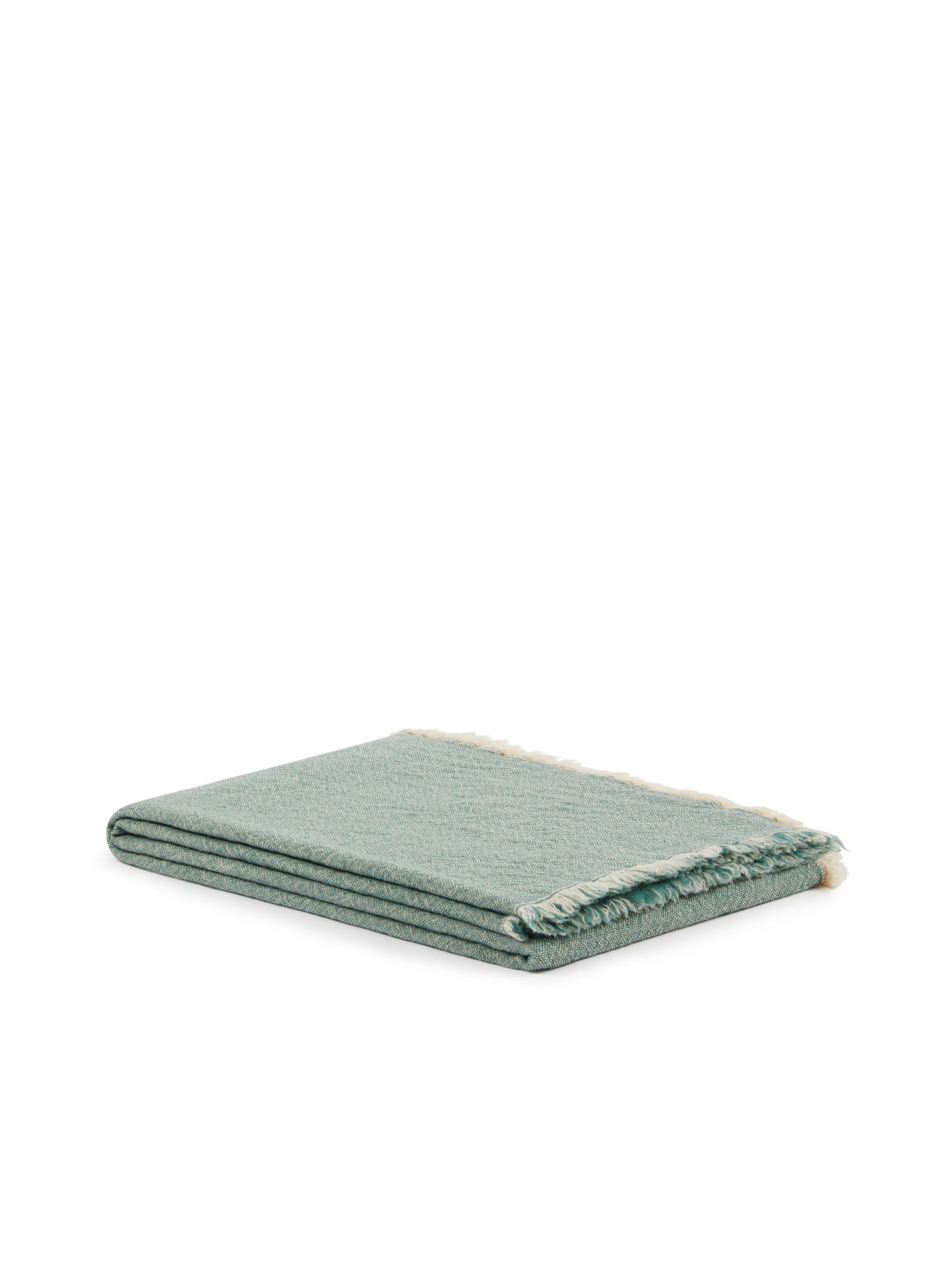 Lanerossi Zebio throw folded flat, sage herringbone weave with ivory fringe trim.