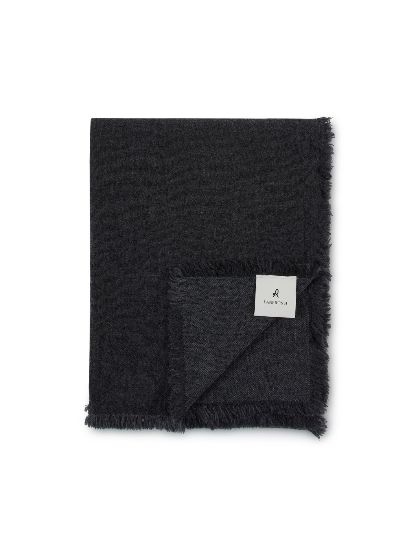 Lanerossi Zebio throw folded flat, black linen with frayed edges and woven label.