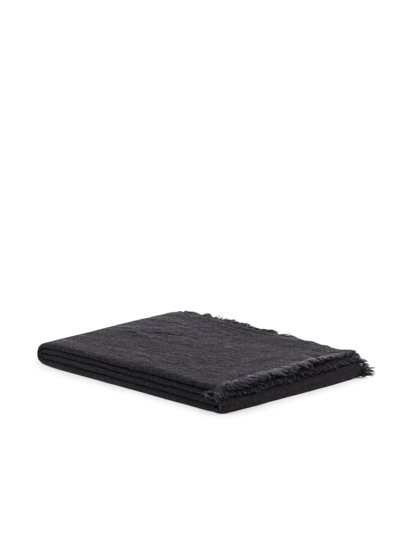 Lanerossi Zebio throw folded flat, charcoal linen-look fabric with frayed edges.