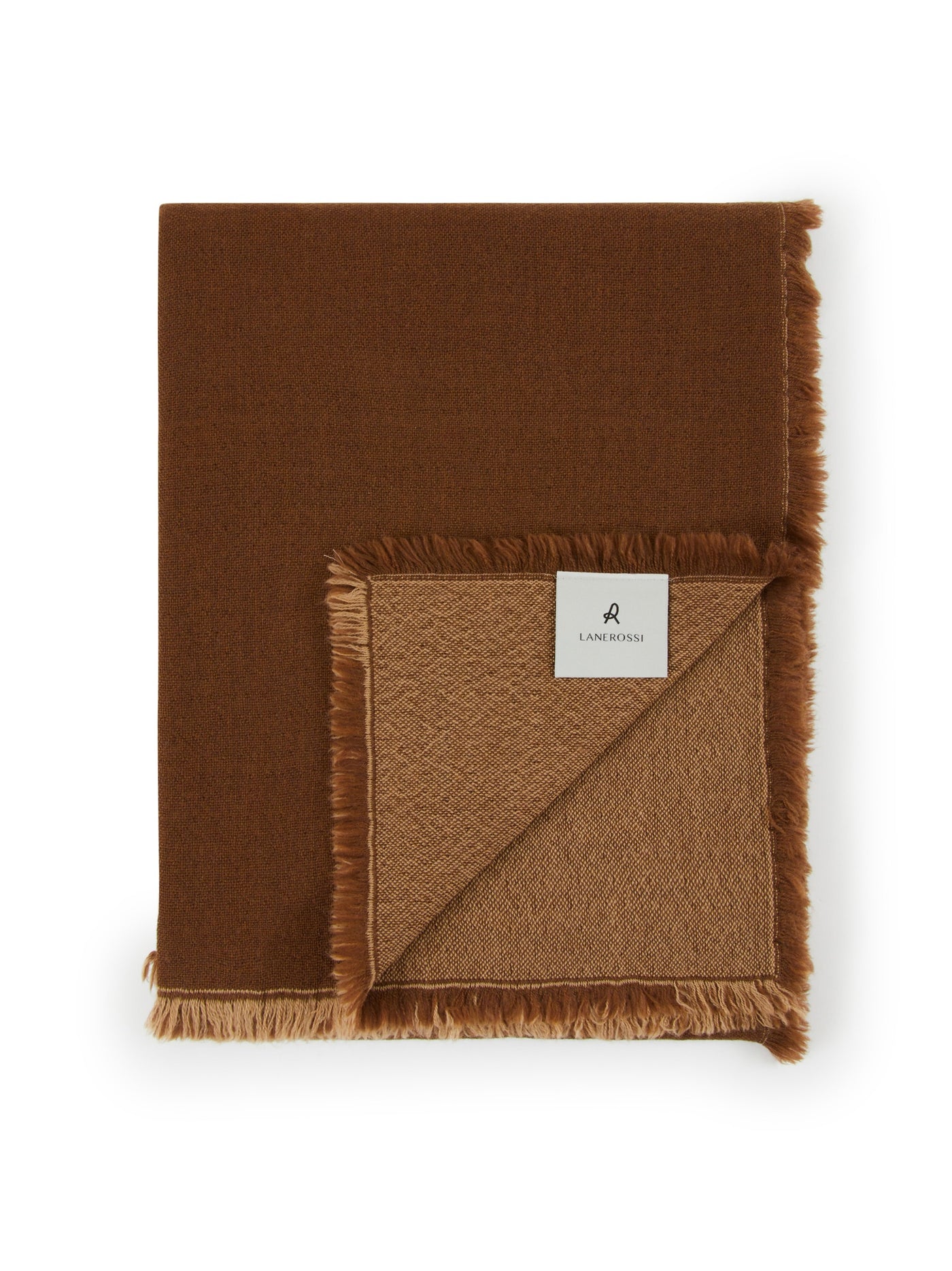 Lanerossi Zebio throw folded to show caramel reverse side and fringe trim.