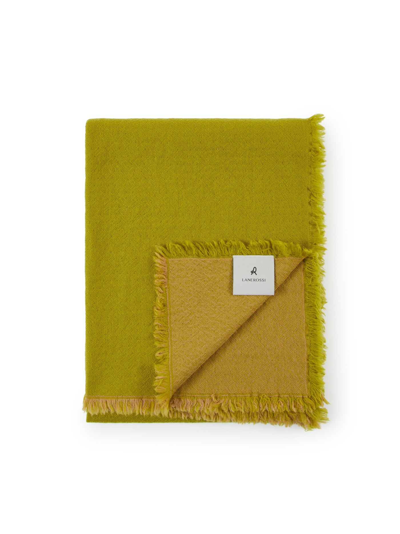 Lanerossi Zebio throw folded, chartreuse side up with mustard reverse and fringe trim.