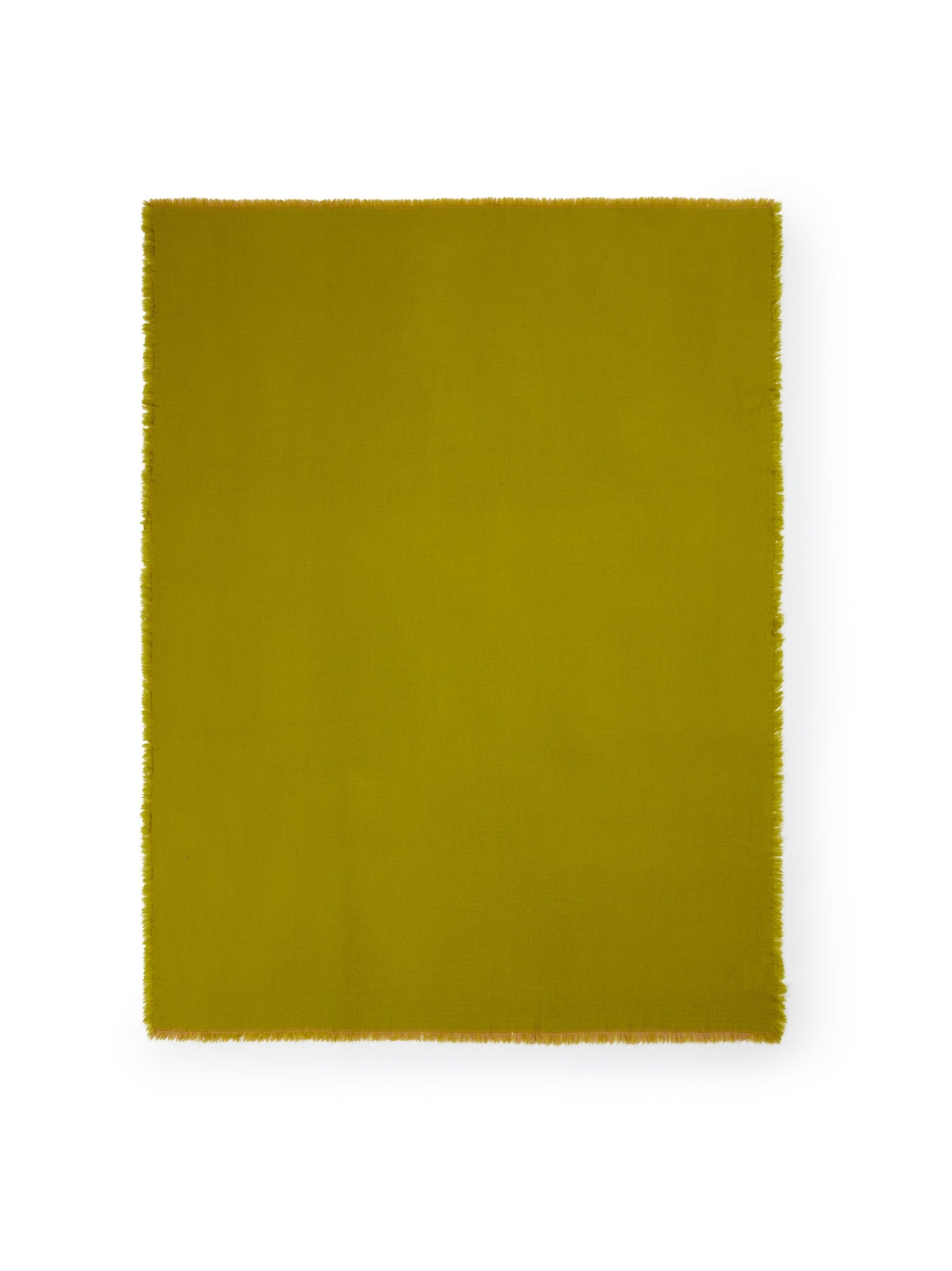 Lanerossi Zebio throw in chartreuse, flat lay showing frayed edge trim detail.