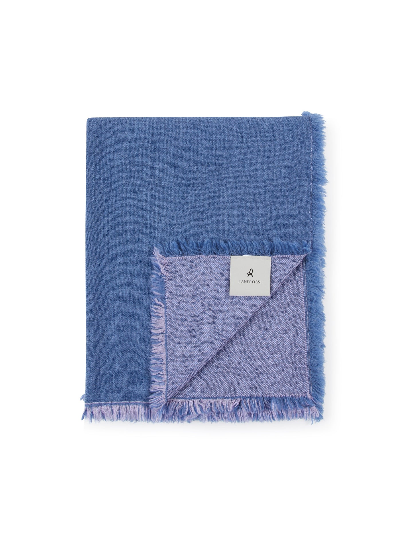 Cornflower blue Lanerossi Zebio throw folded to reveal lavender reverse with fringe trim.