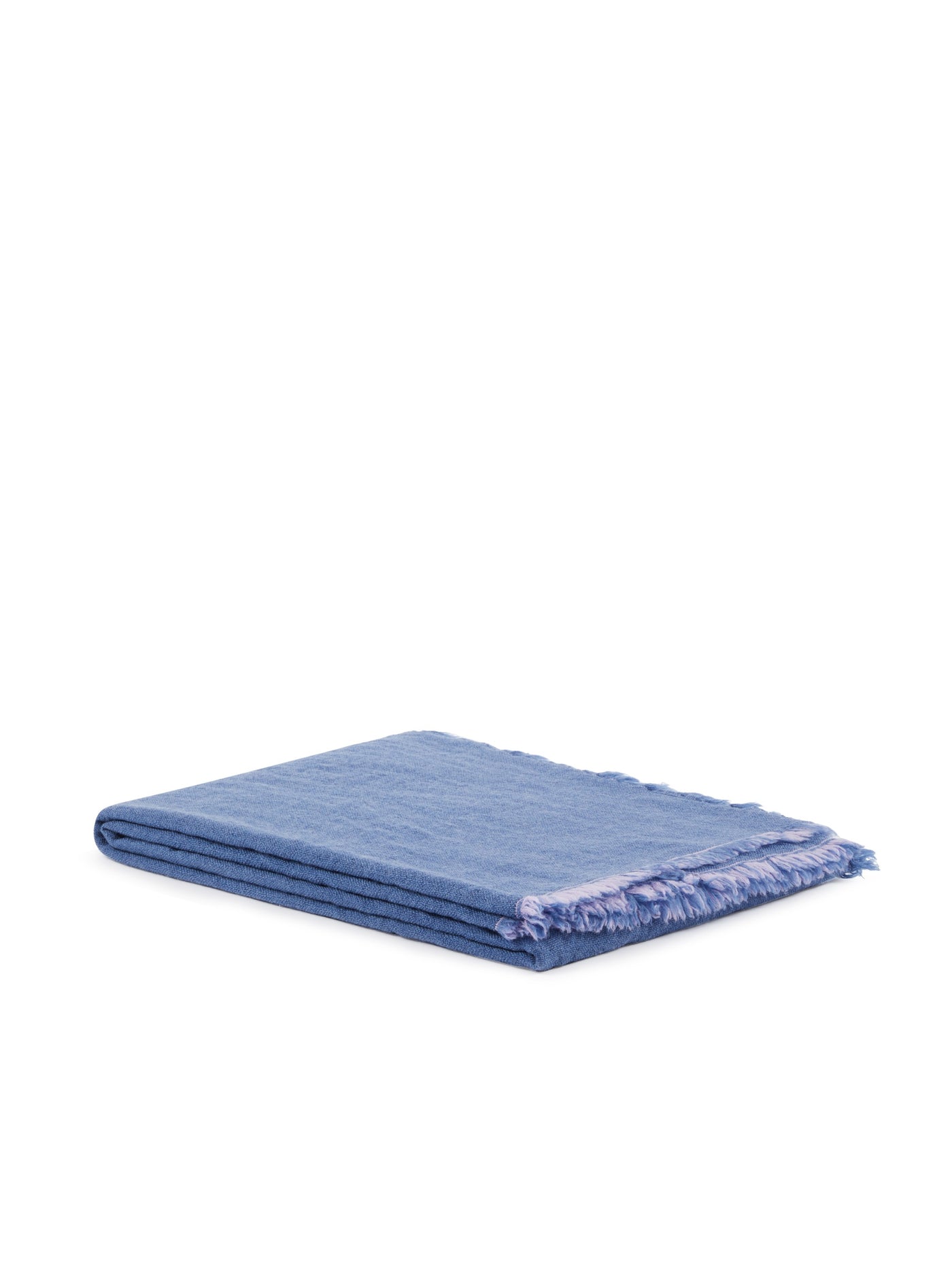 Lanerossi Zebio throw folded flat, cornflower blue with fringe trim detail.