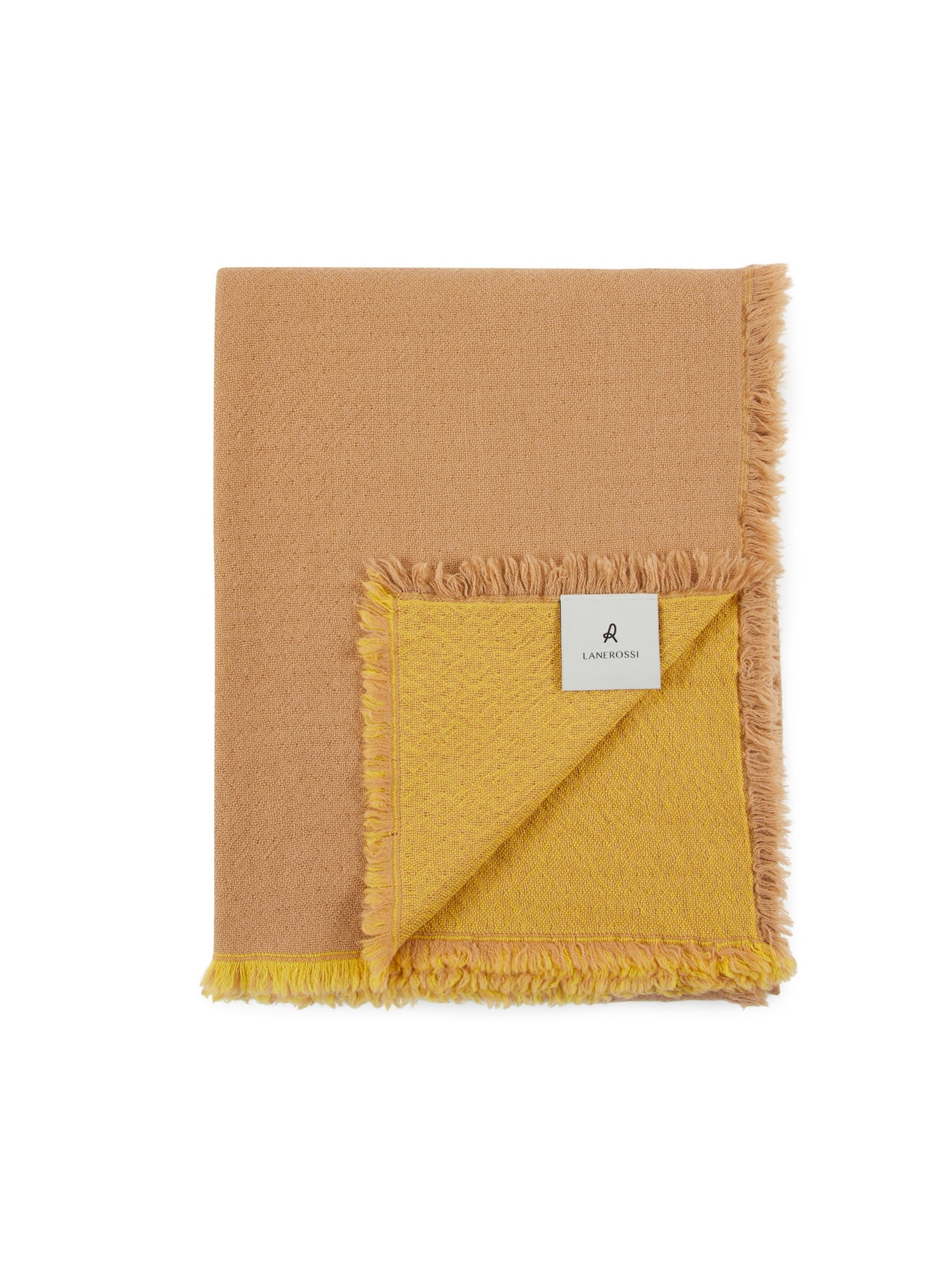 Lanerossi Zebio throw corner folded back, showing camel and mustard reversible sides with fringe trim.