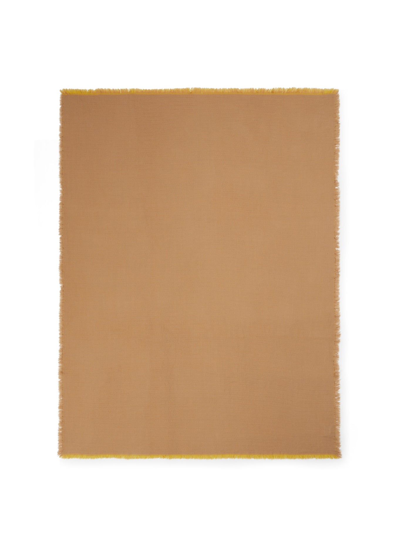 Camel throw with frayed edges and mustard yellow border detail, flat lay view.