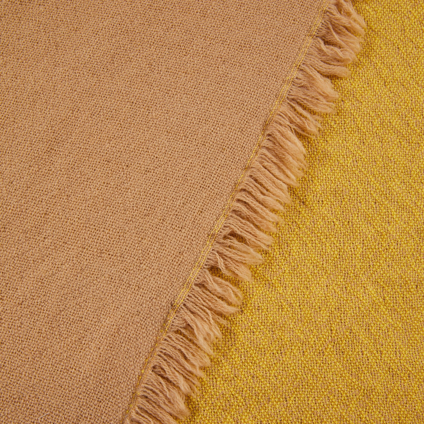 Close-up of Lanerossi Zebio throw's fringed edge, showing camel reverse and mustard face.