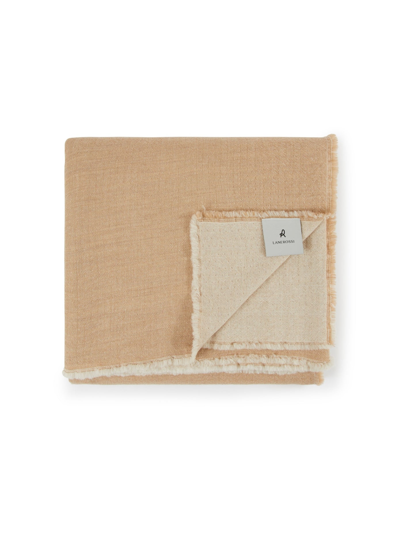 Lanerossi Zebio blanket folded, showing camel and ivory reversible linen weave with frayed edges.