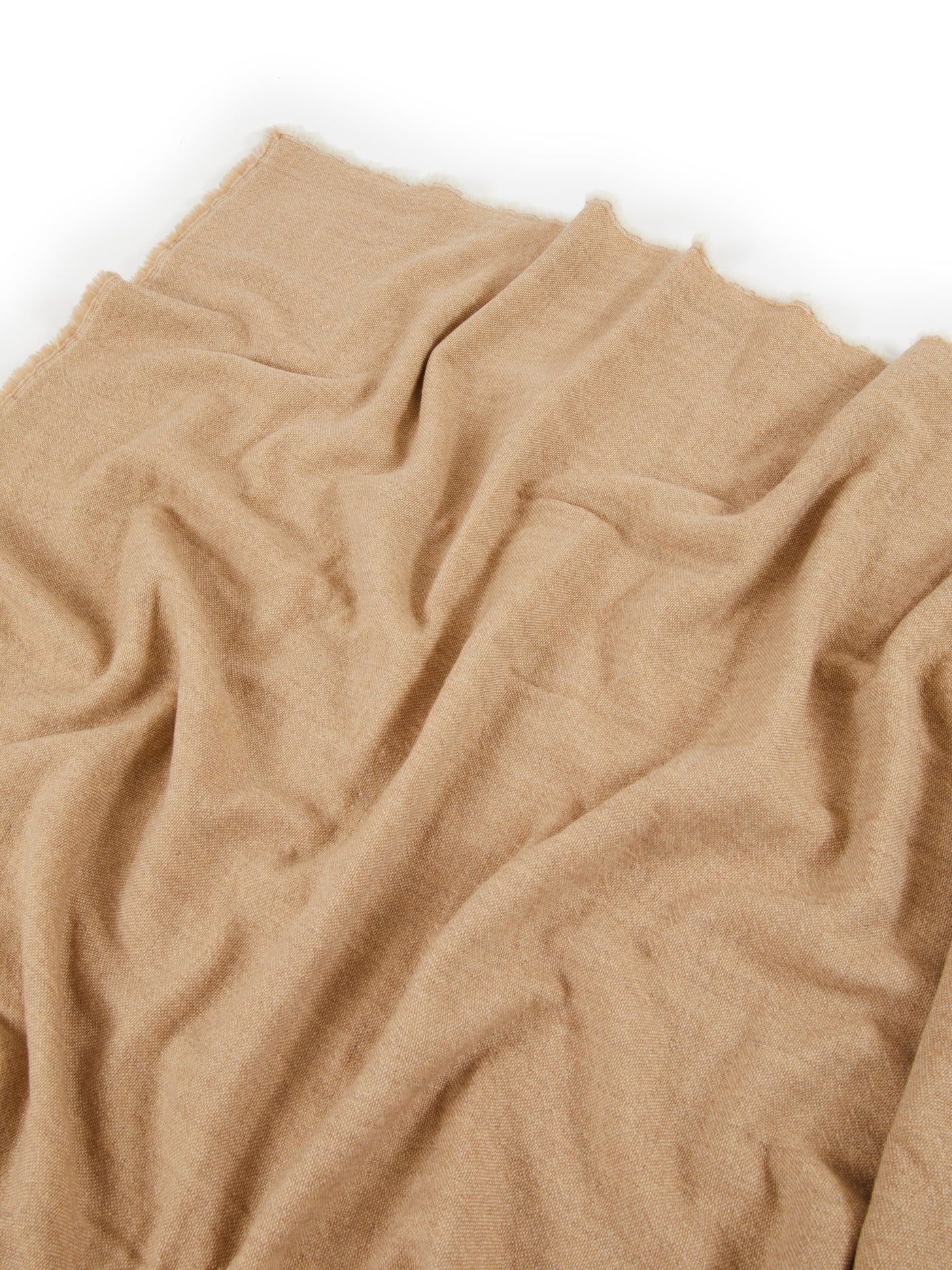 Lanerossi Zebio blanket in camel, draped to show soft brushed texture and frayed edges.