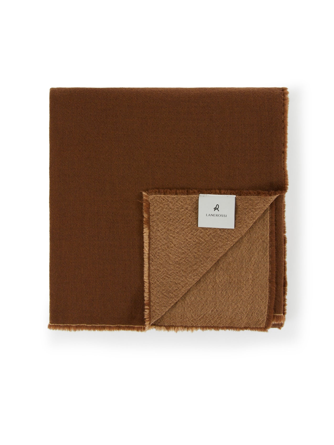 Folded Lanerossi Zebio blanket showing chestnut face and camel reverse with frayed edges.