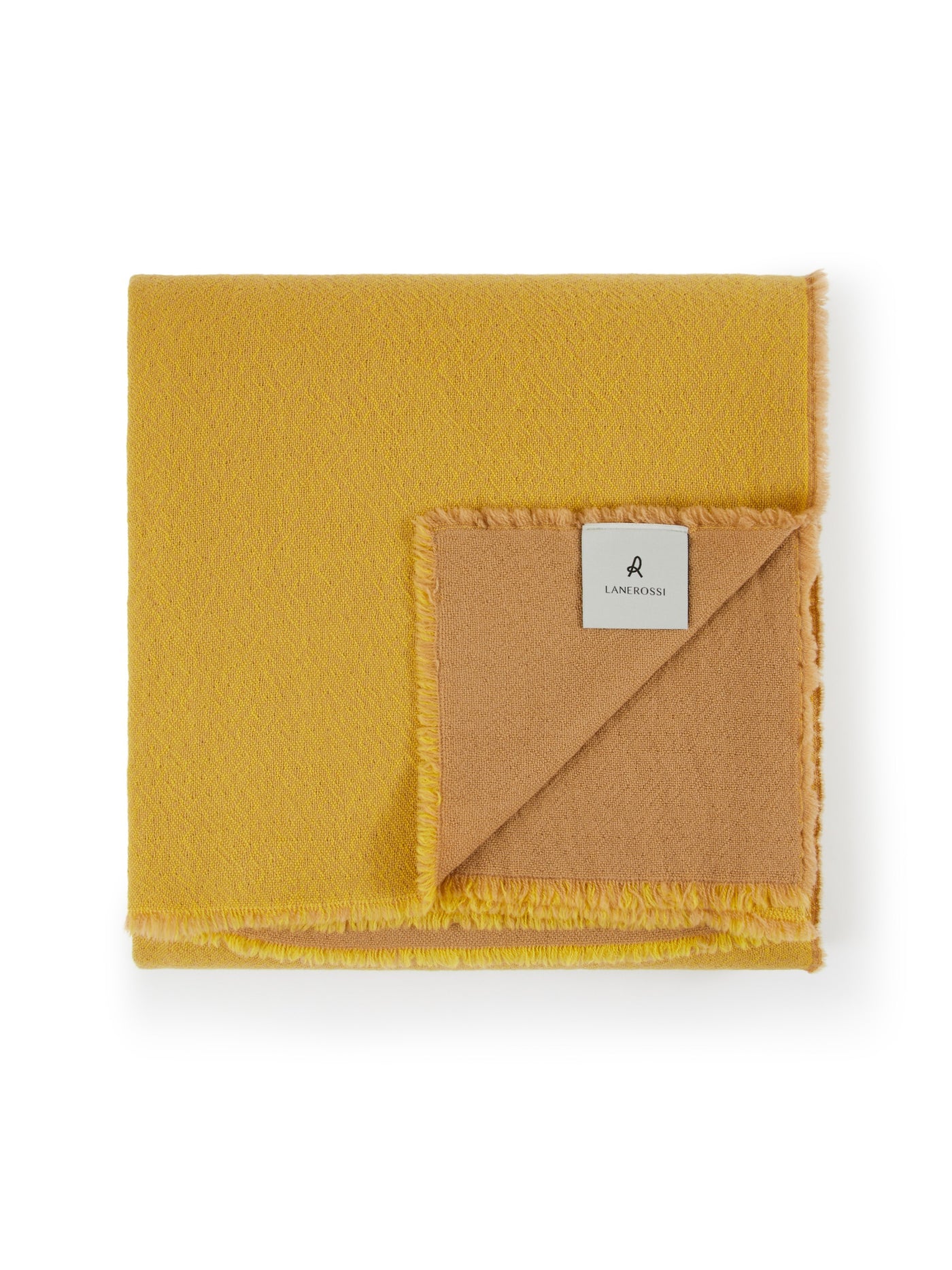 Lanerossi Zebio blanket folded, showing mustard yellow face and camel reverse with fringe trim.