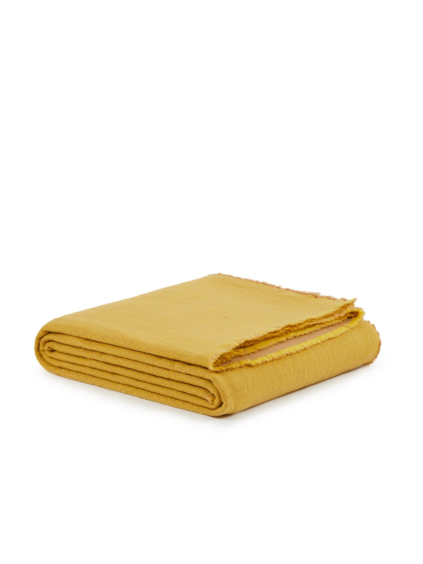 Lanerossi Zebio blanket folded, mustard yellow with frayed edge detail.