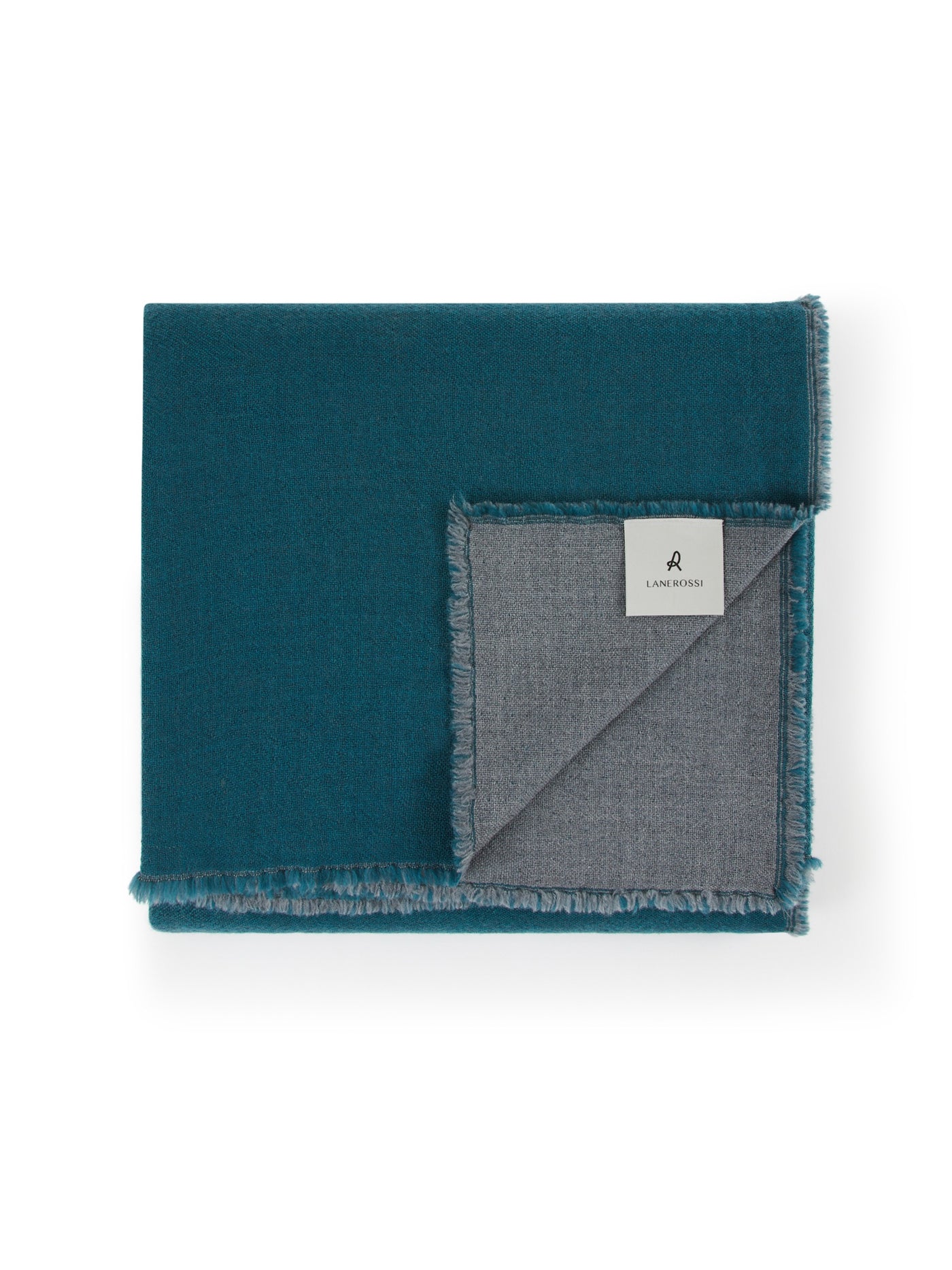 Lanerossi Zebio blanket folded, showing teal face and grey reverse with fringe trim.