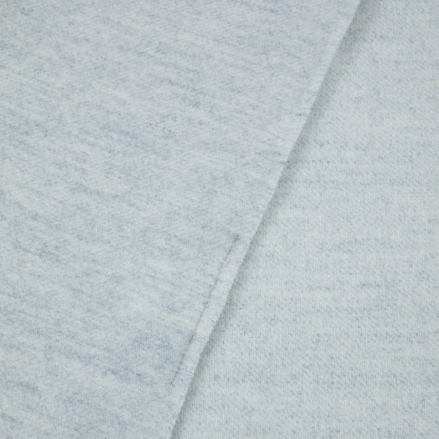 Close-up of Lanerossi Alashan throw in pale blue-grey, showing folded edge and fine knit texture.