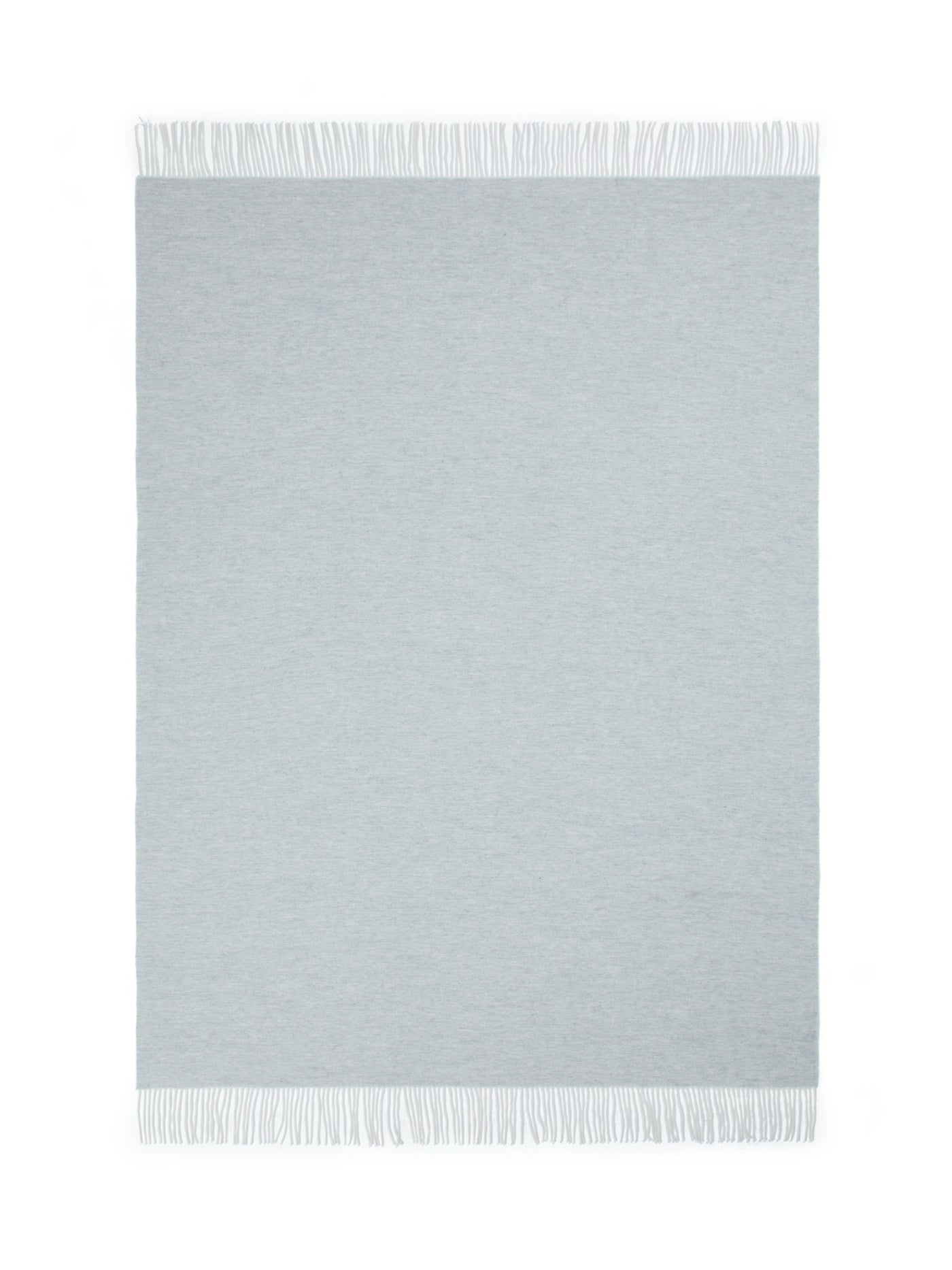 Lanerossi Alashan throw in pale aqua, flat lay showing white fringe trim detail.