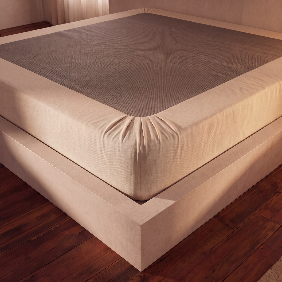 A beige fitted sheet with a textured gray top section, shown fitted on a platform bed with a matching beige headboard and footboard, set on a dark wood floor.