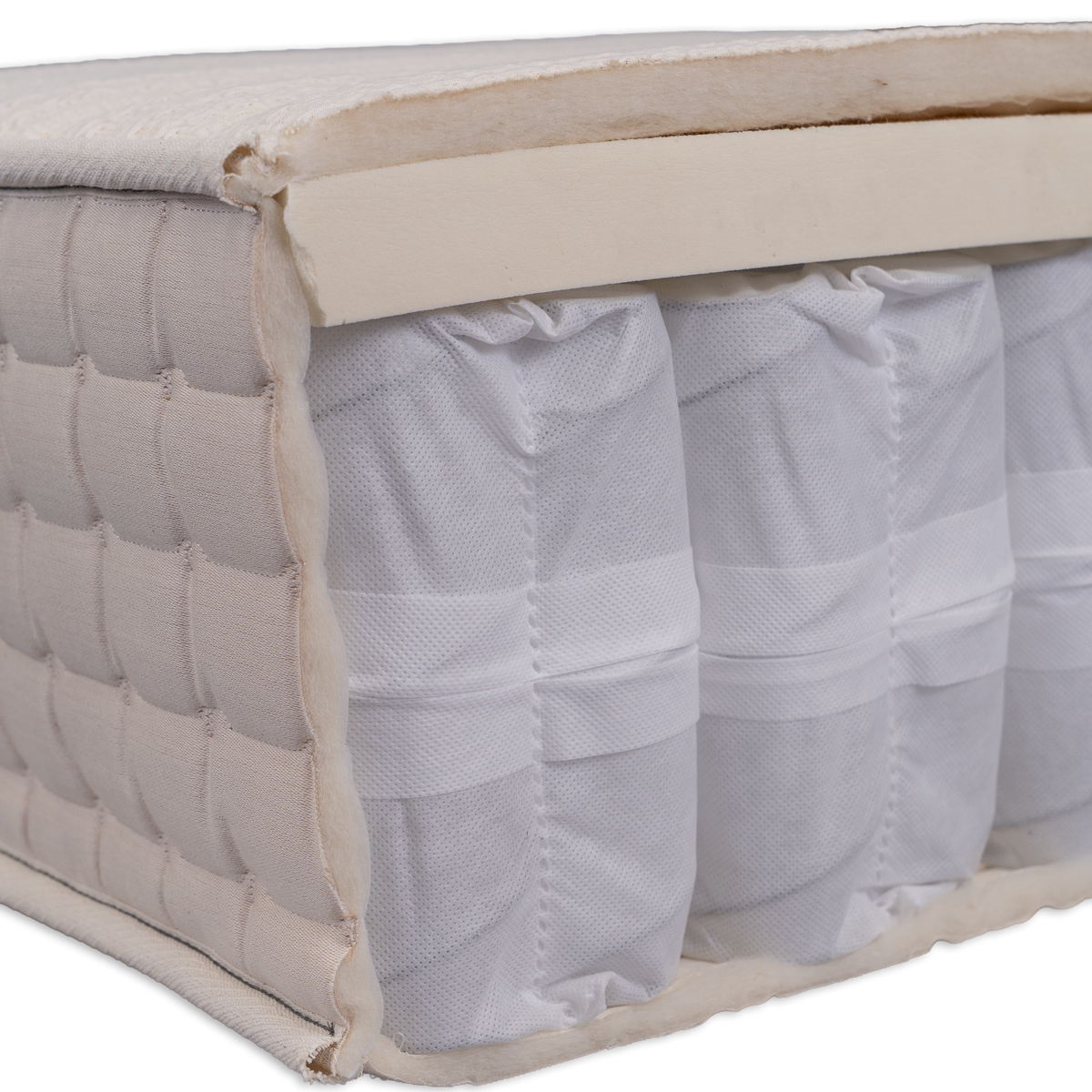 A close-up cross-section of a mattress showing its quilted beige fabric cover, support beam, and white cushioning layers.