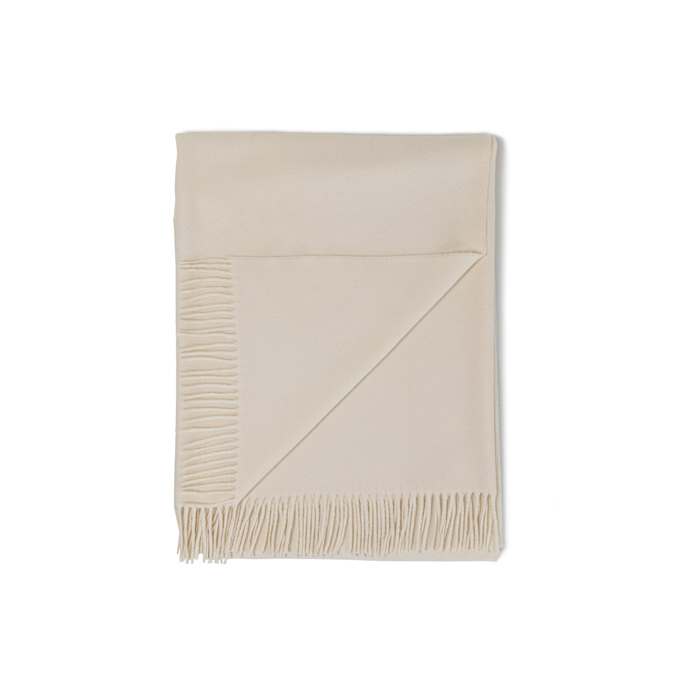 The Pure Cashmere Throw by Frette, made in Italy, features a beige hue with fringed edges and is displayed folded on a white background.