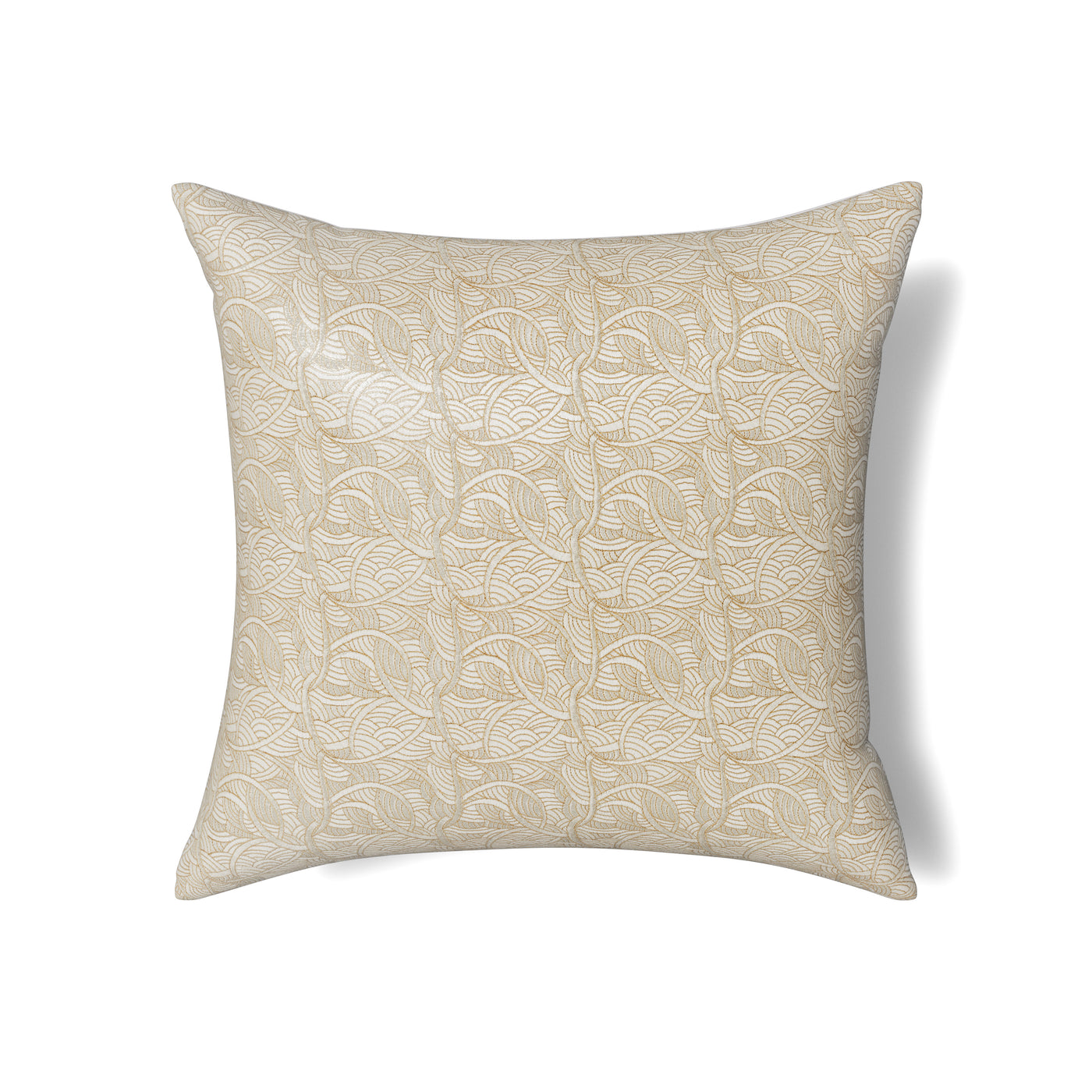 Ivory pillow with tonal embroidered scallop fan pattern, square format, white background.