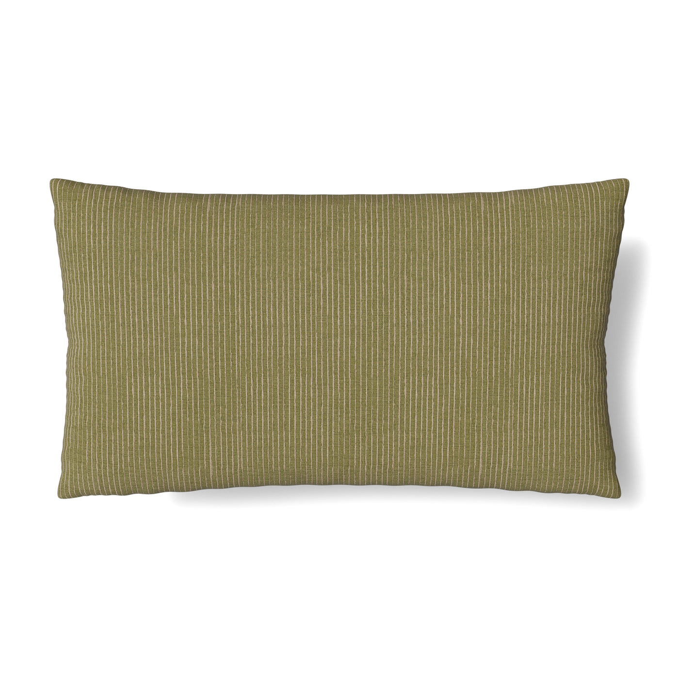 Ann Gish Lamina lumbar pillow in olive with fine vertical stripe texture.