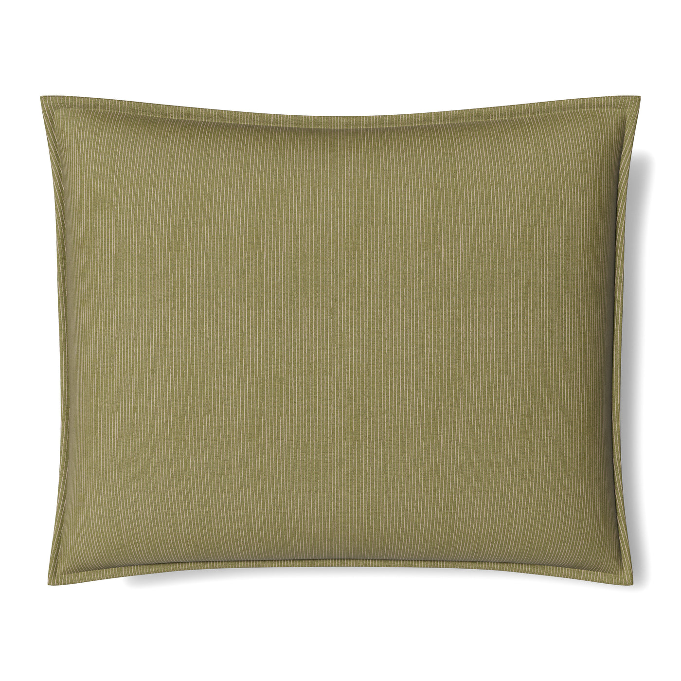 Ann Gish Lamina pillow in olive green with subtle ribbed texture and tailored flange border.