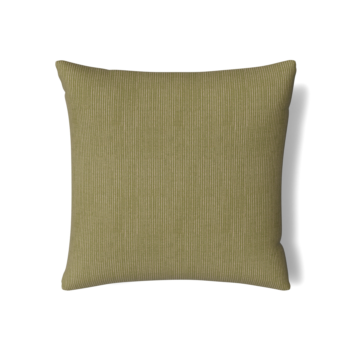 Close-up of Ann Gish Lamina sham in olive with fine ivory vertical stripes.