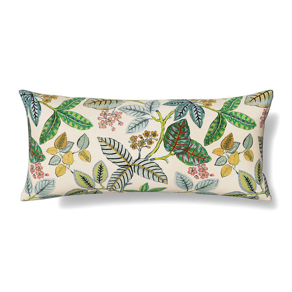 Ann Gish Lanai lumbar pillow, ivory with multicolor tropical leaf print, full front view.