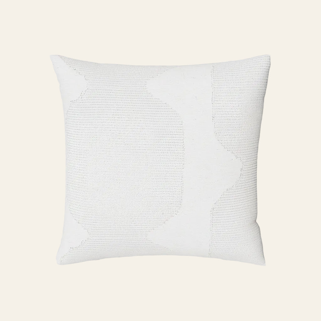 Ann Gish Lantern sham in white with woven geometric circle pattern detail.