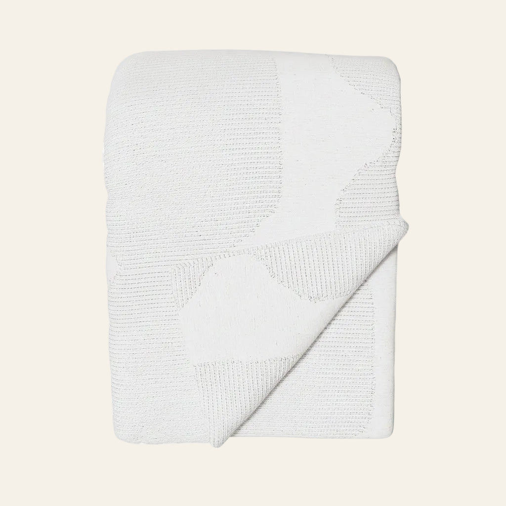 Ann Gish Lantern throw in white, folded to show geometric knit pattern and texture.