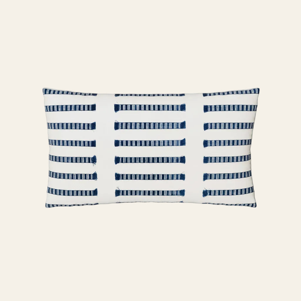 Ann Gish Latera lumbar pillow, ivory with navy woven stripe and dash pattern.