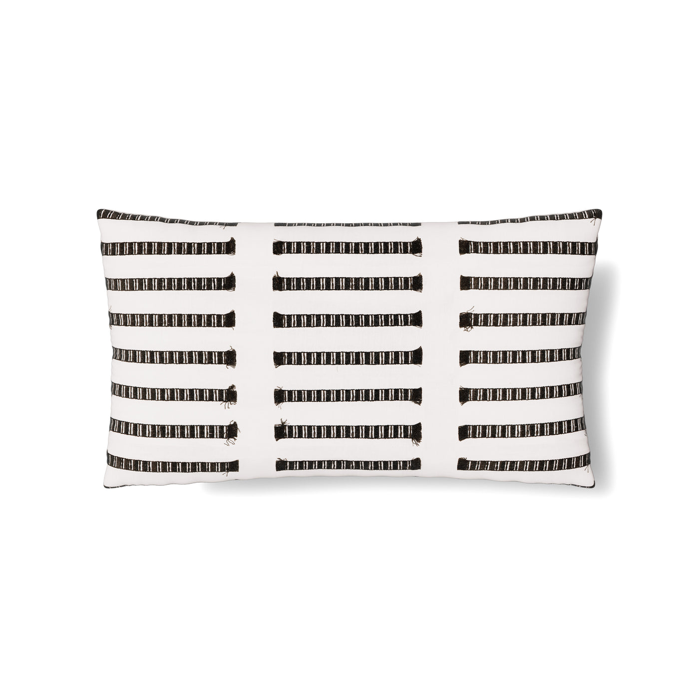 Ann Gish Latera lumbar pillow in ivory with black woven stripe texture detail.
