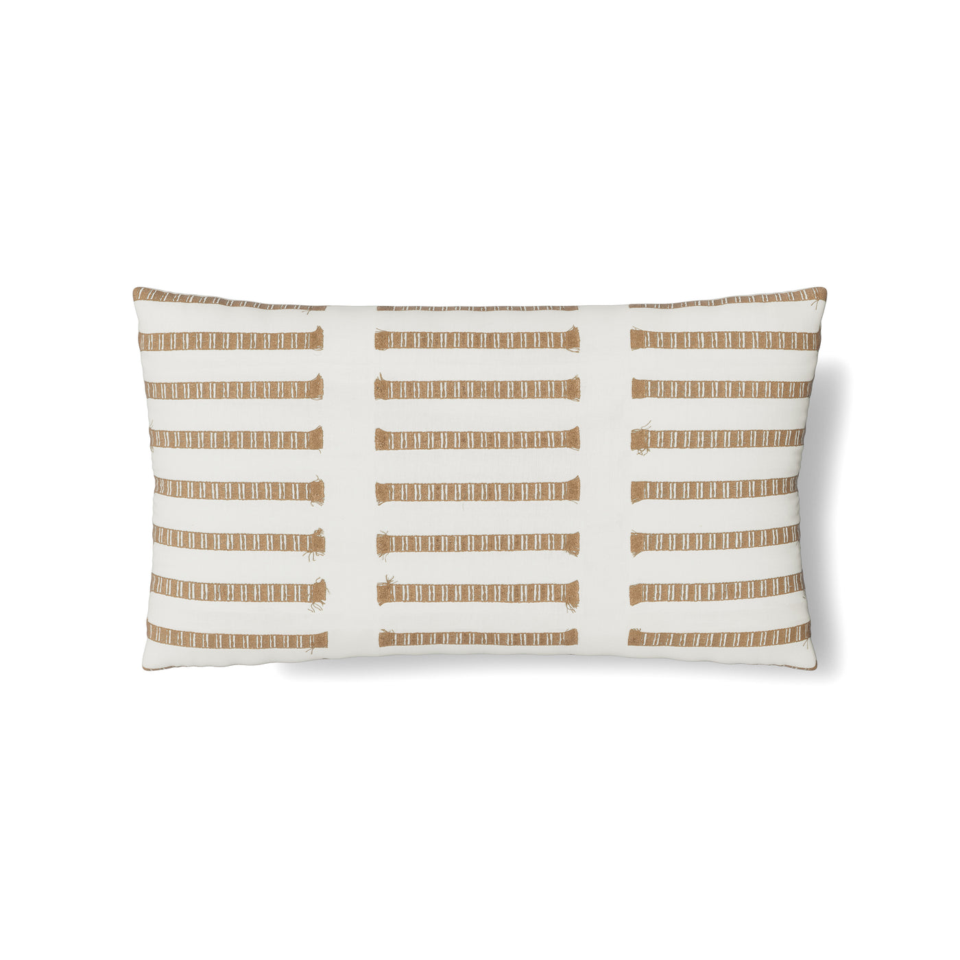 Ann Gish Latera lumbar pillow in ivory with rows of golden tan woven trim detail.